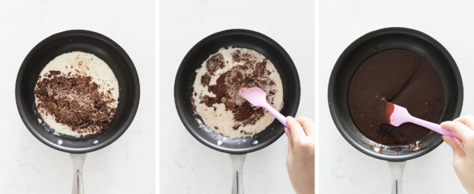 Melting chocolate into cream to make chocolate ganache