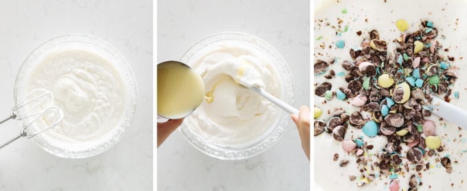 Steps to make no-churn ice cream with mini eggs