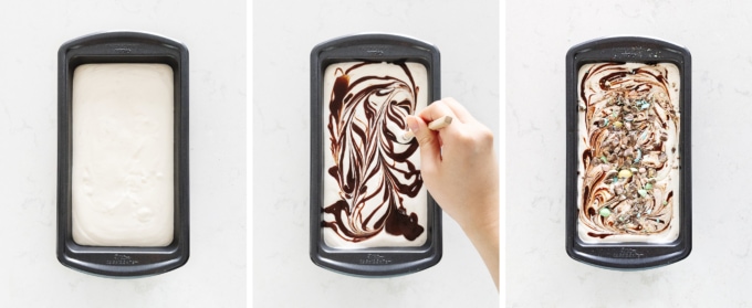 Swirling chocolate ganache into ice cream base and topping with mini eggs