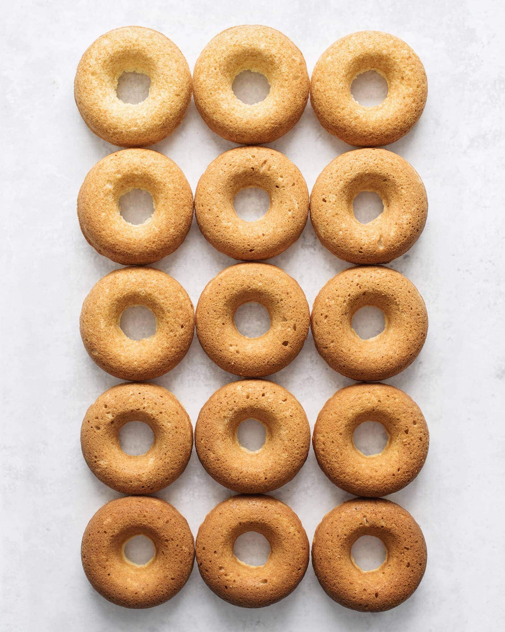 Rows of baked donuts