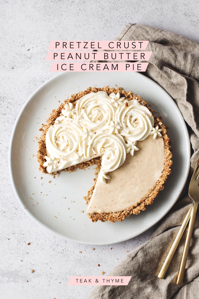 A slice cut out of a peanut butter ice cream pie with text overlay
