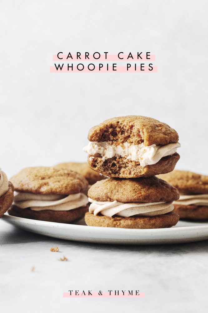 A carrot cake whoopie pie with a bite taken out of it with text overlay