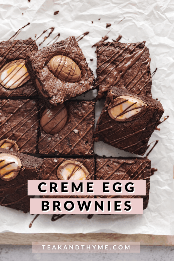 Squares of creme egg brownies with chocolate drizzle