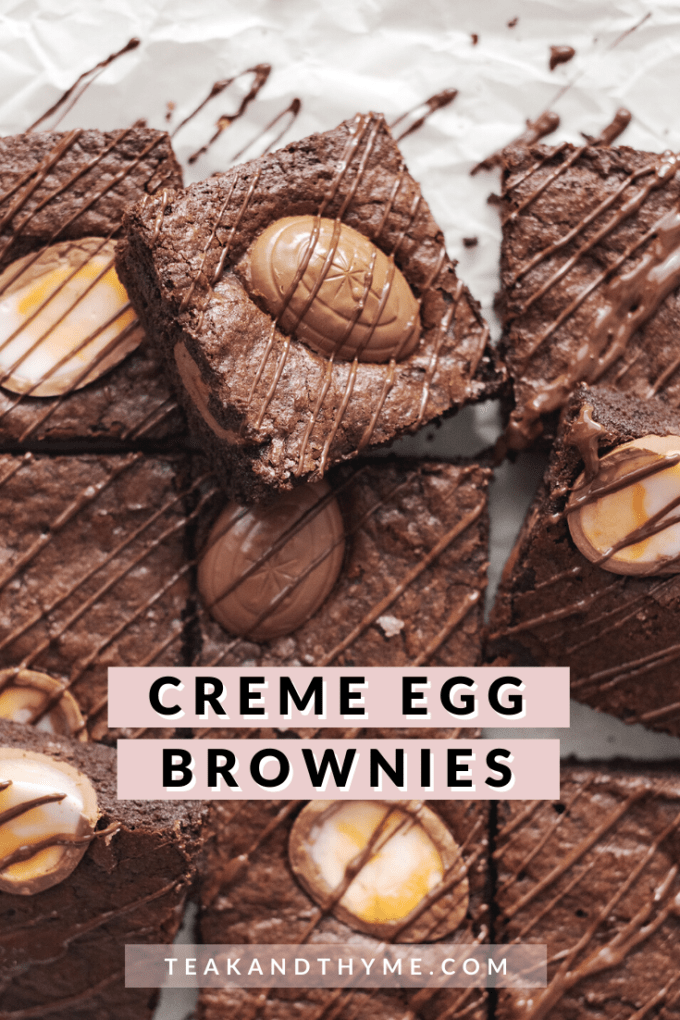 Squares of creme egg brownies with chocolate drizzle