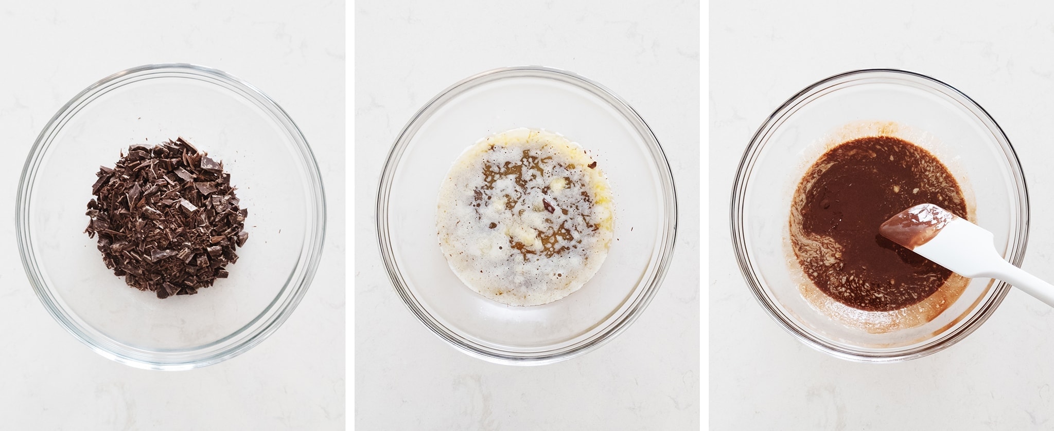 Mixing chopped chocolate and melted butter in a bowl