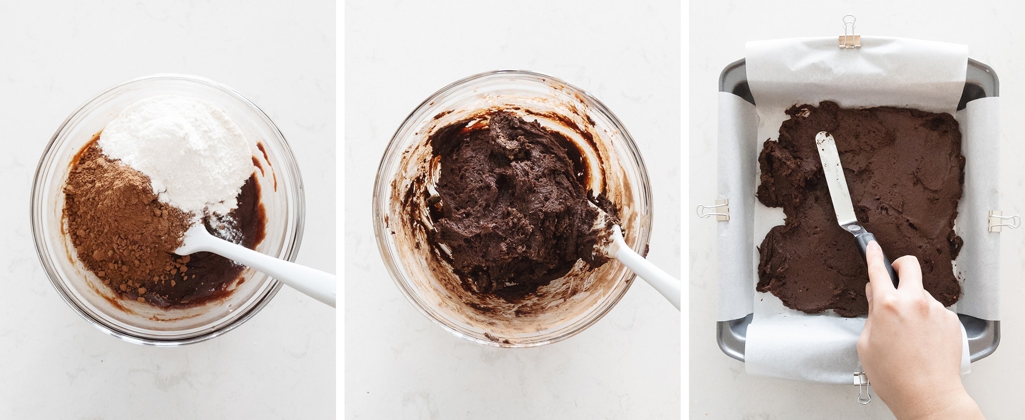 Mixing brownie batter and spreading it into a pan
