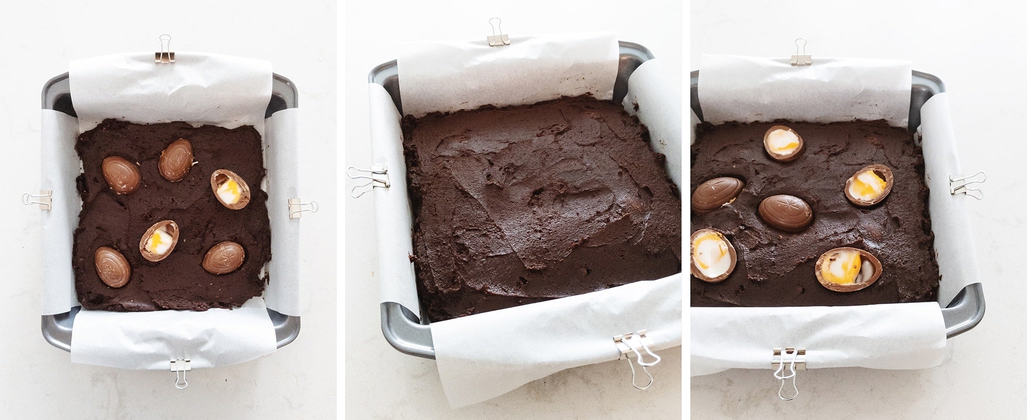 Layers of creme eggs on brownie batter