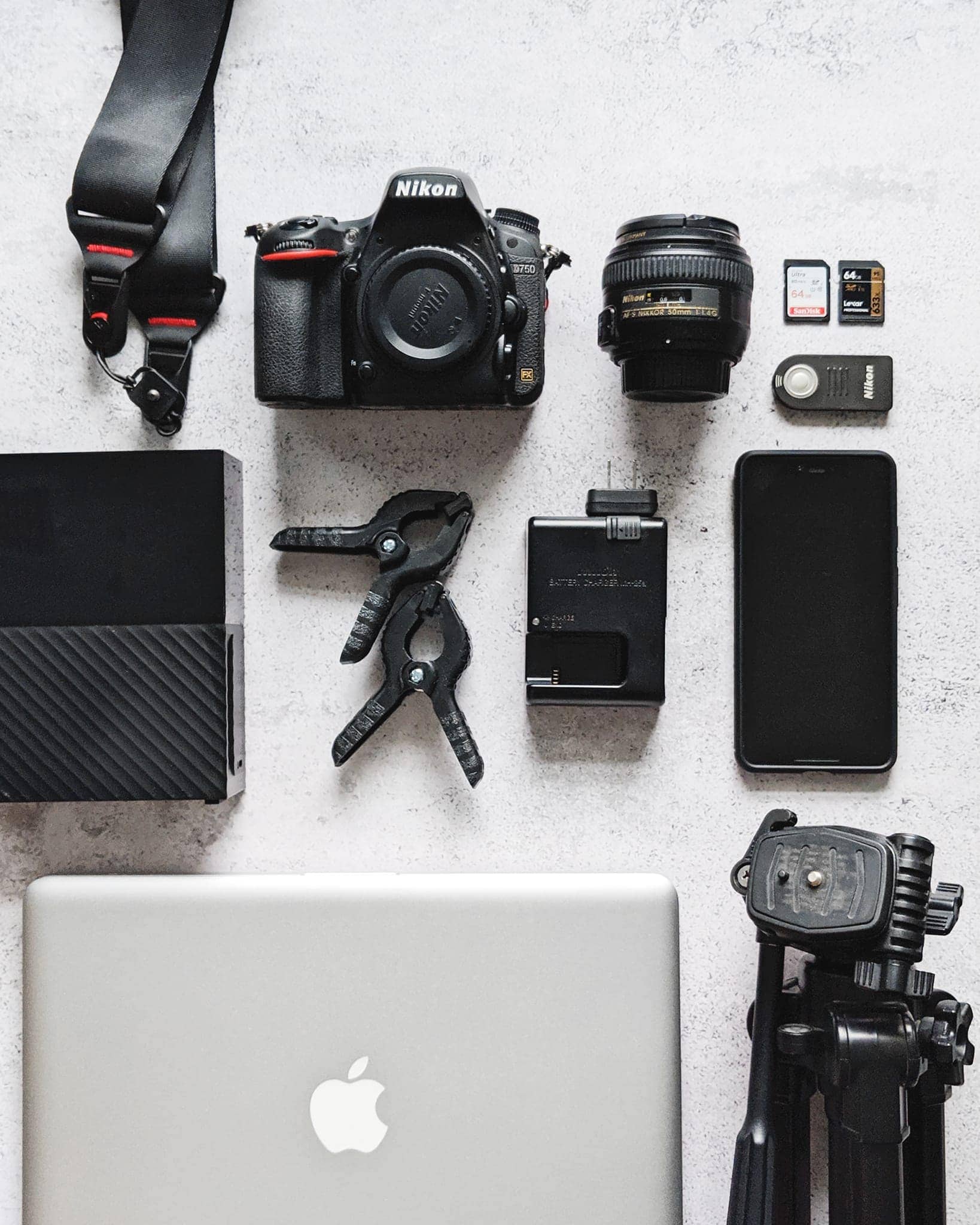 Flatlay of cameras and photography gear