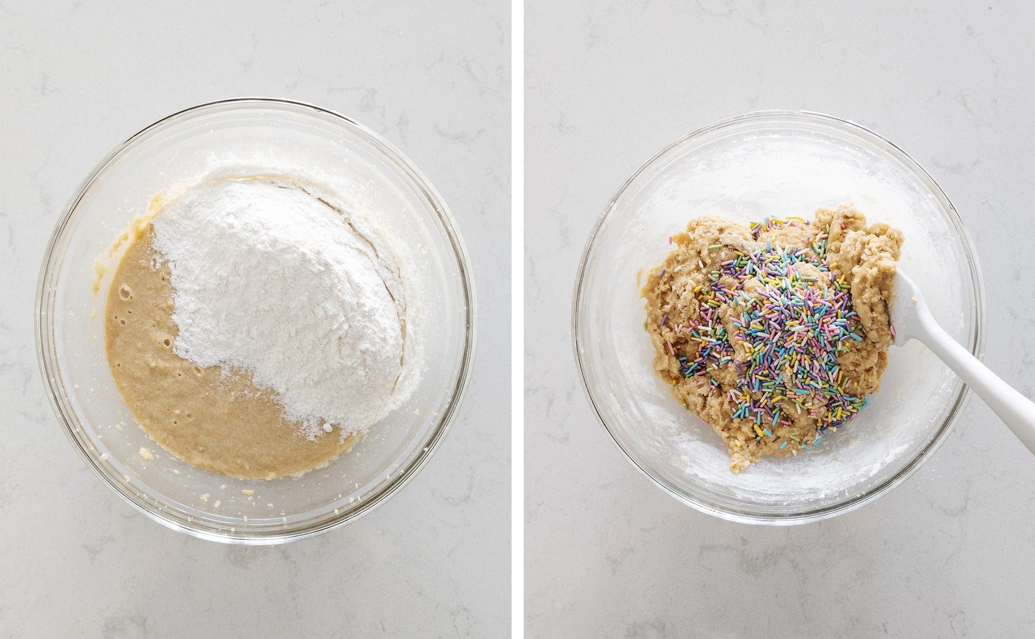 Mixing flour and sprinkles into batter