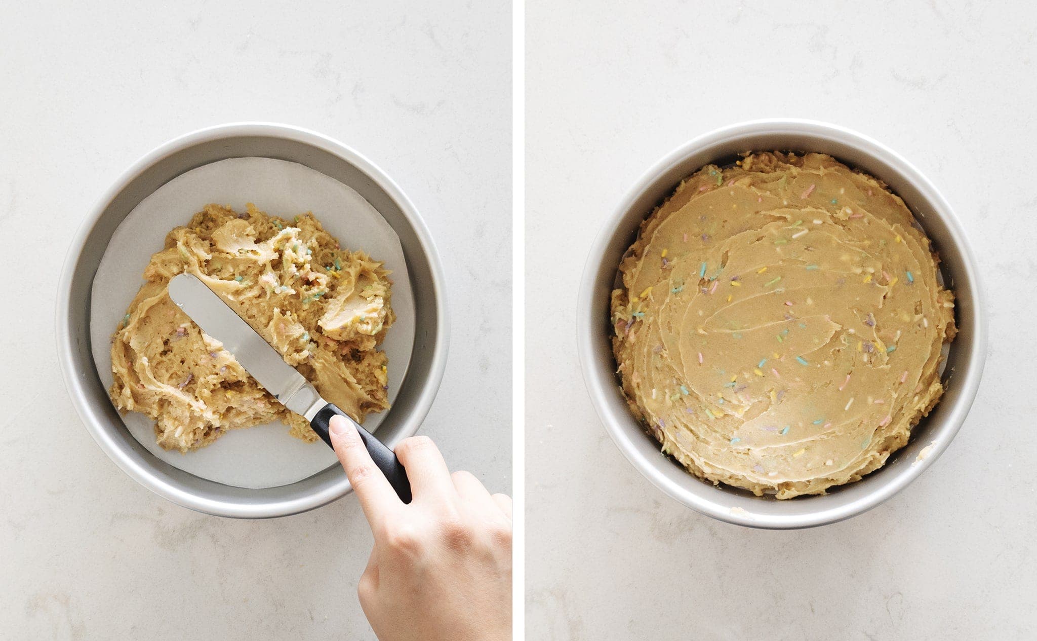 Spreading cookie batter into round pan