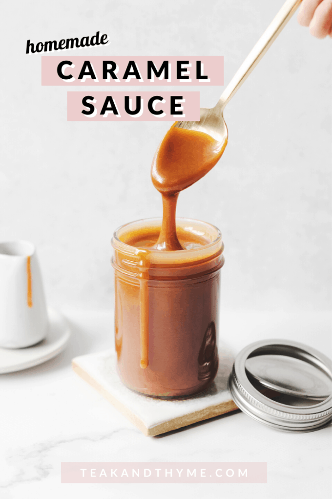 Spoon dripping with caramel sauce above glass jar