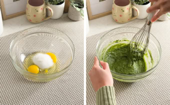 Left: Eggs and sugar in a mixing bowl. Right: Whisking a matcha batter together in a mixing bowl.