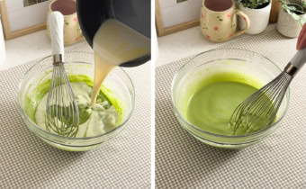Left: Pouring milk into a matcha-egg mixture. Right: Whisking matcha crepe batter in a mixing bowl.