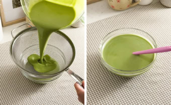 Left: Pouring matcha crepe batter through a sieve into another bowl. Right: A bowl of matcha crepe batter.