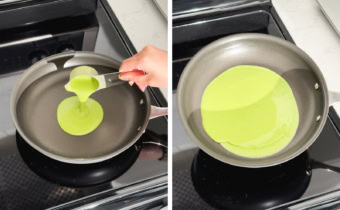 Left: Pouring crepe batter into a frying pan. Right: Swirling crepe batter around in a frying pan.
