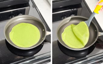 Left: A matcha crepe cooking in a frying pan. Right: Lifting a crepe out of the pan with a spatula.