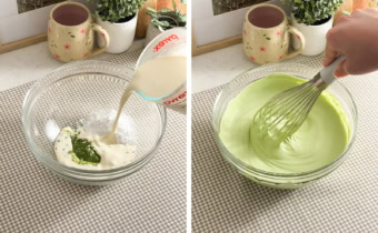 Left: Pouring whipping cream into a bowl of matcha powder and powdered sugar. Right: Beating matcha whipped cream with a whisk.