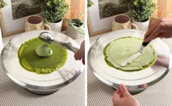 Left: Placing a scoop of whipped cream on a crepe. Right: Spreading whipped cream on a crepe with an offset spatula.