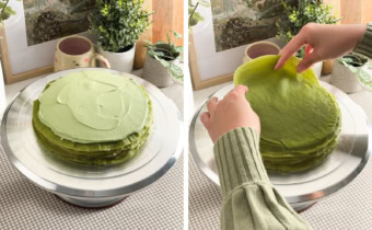 Left: A stack of alternating crepes and whipped cream layers on a cake turntable. Right: Hands placing a crepe down on top of whipped cream layer.