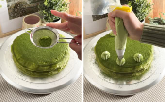 Left: Sprinkling matcha powder on top of a crepe cake with a sieve. Right: Piping dollops of whipped cream on top of a crepe cake.