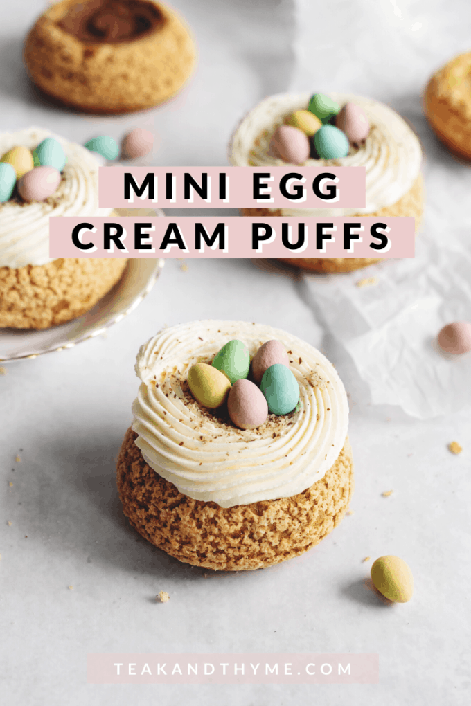 Cream puffs with mini eggs on top