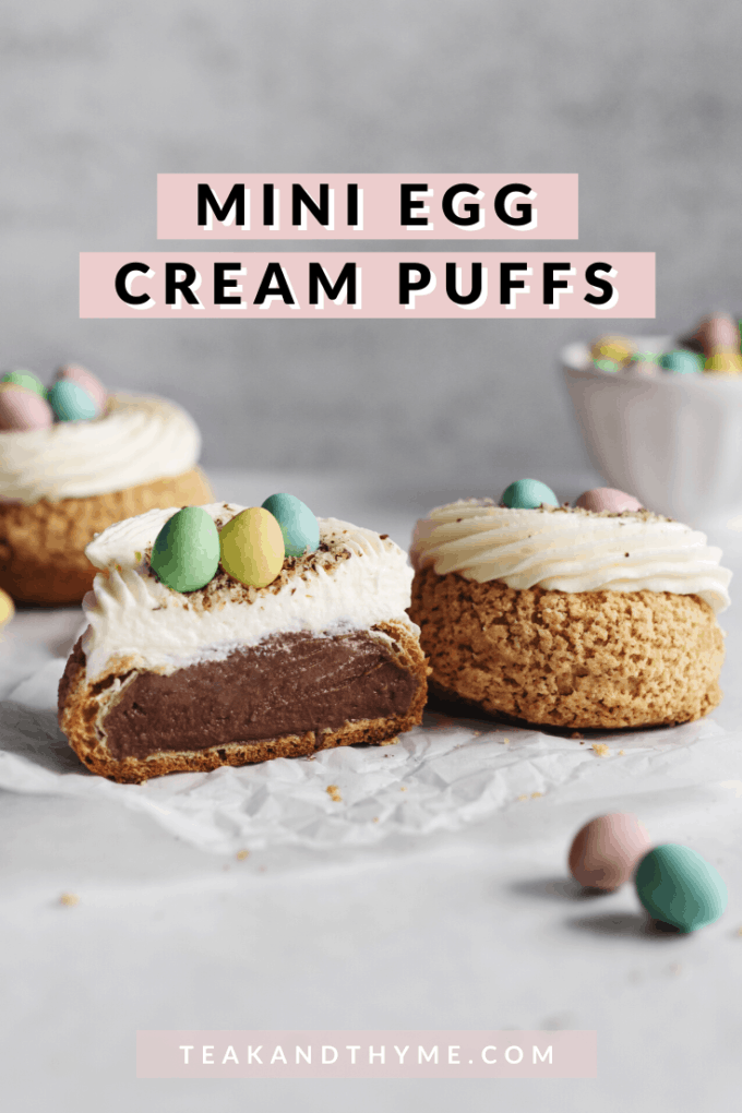 Cream puff cut in half to show chocolate filling