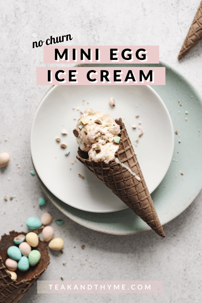 Chocolate waffle cones with ice cream and mini eggs on plates