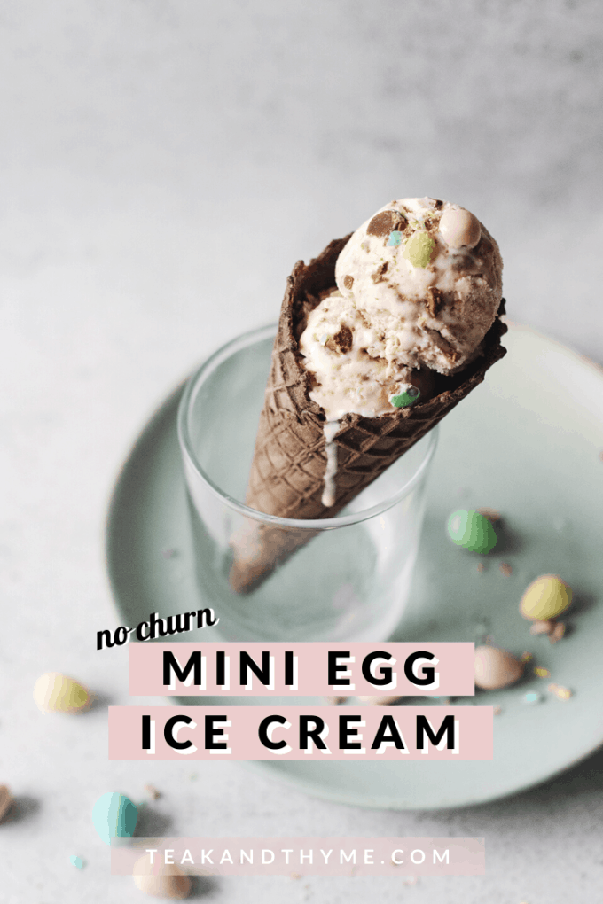 Mini egg ice cream in chocolate cone standing up in a glass