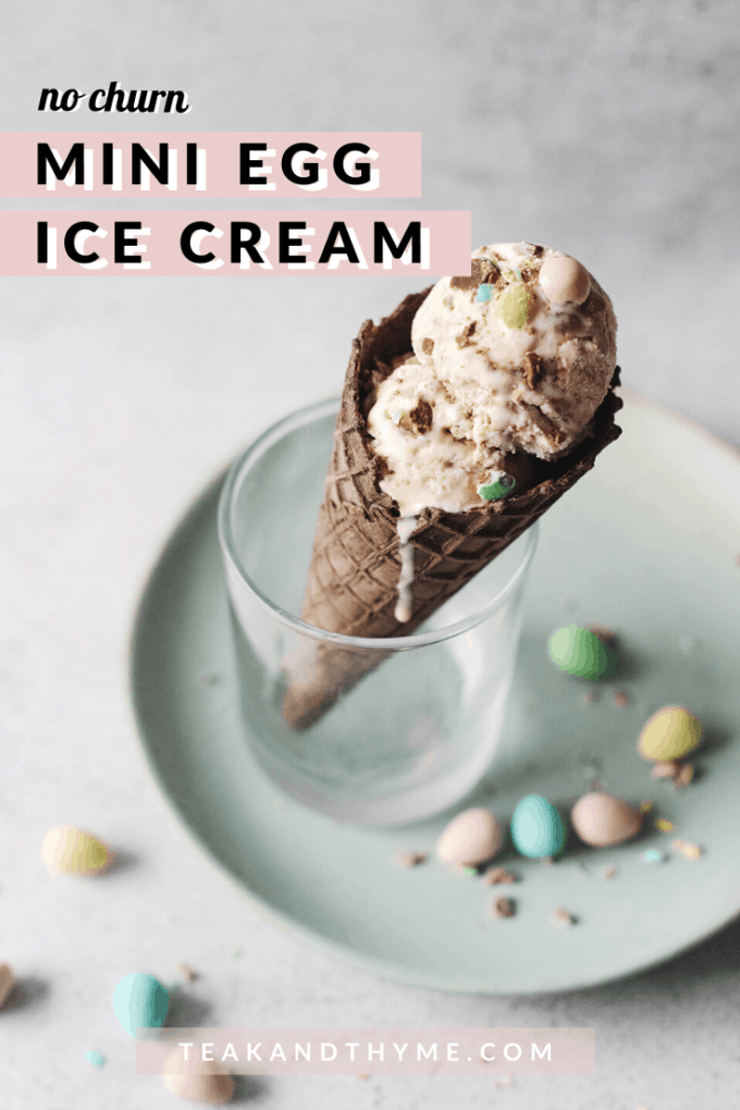 Mini egg ice cream in chocolate cone standing up in a glass