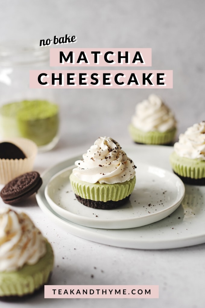 Matcha cheesecakes topped with whipped cream on plate with oreos