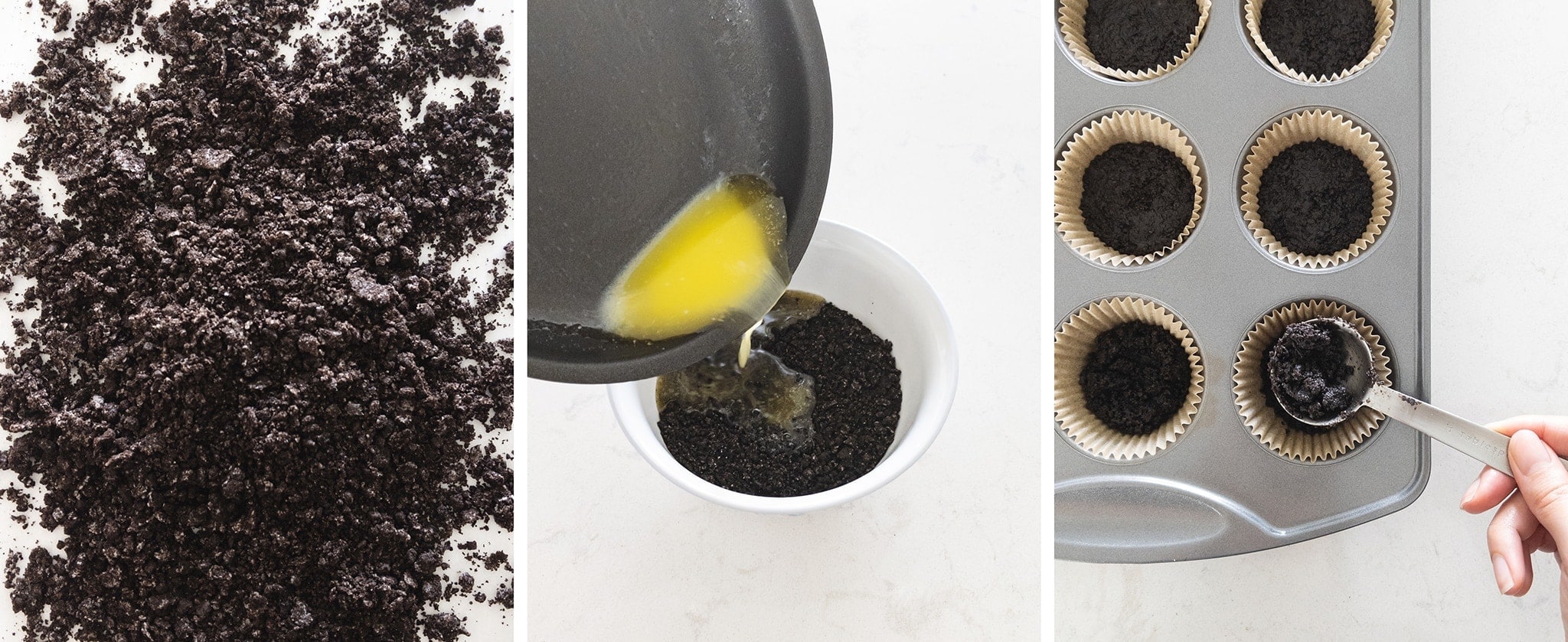 Making crushed oreo base and spooning it into muffin pan