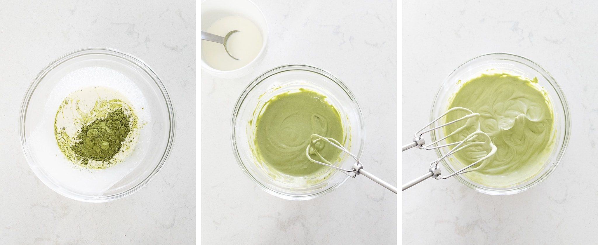 Mixing matcha whipped cream in a bowl