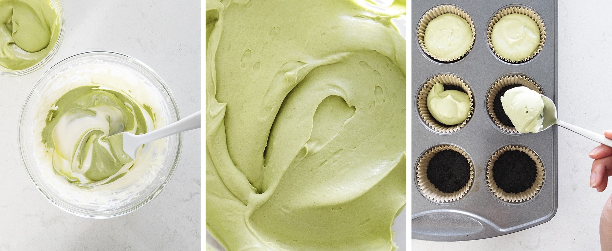 Mixing cheesecake batter and spooning it into muffin pan