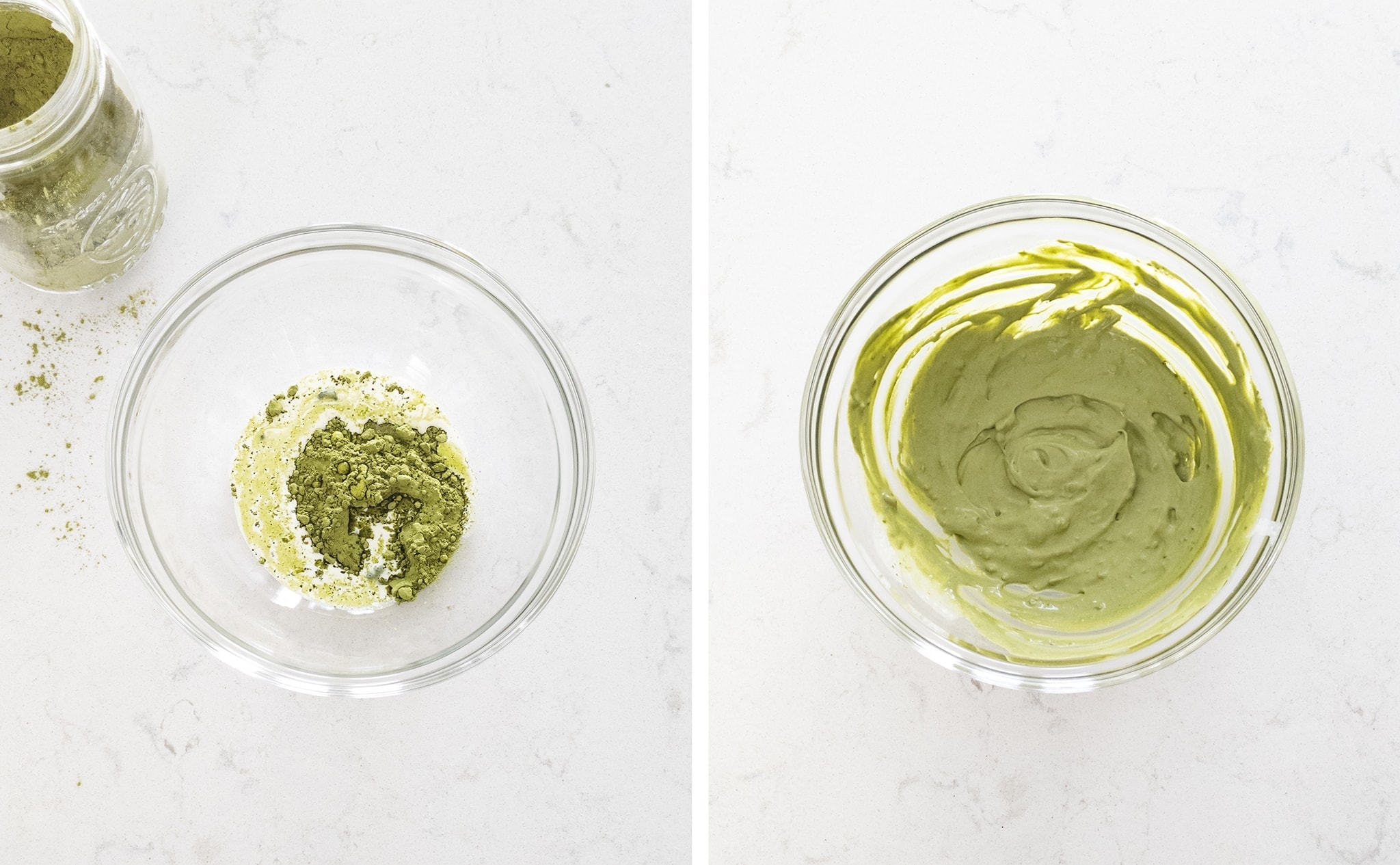 Mixing matcha powder with whipped cream