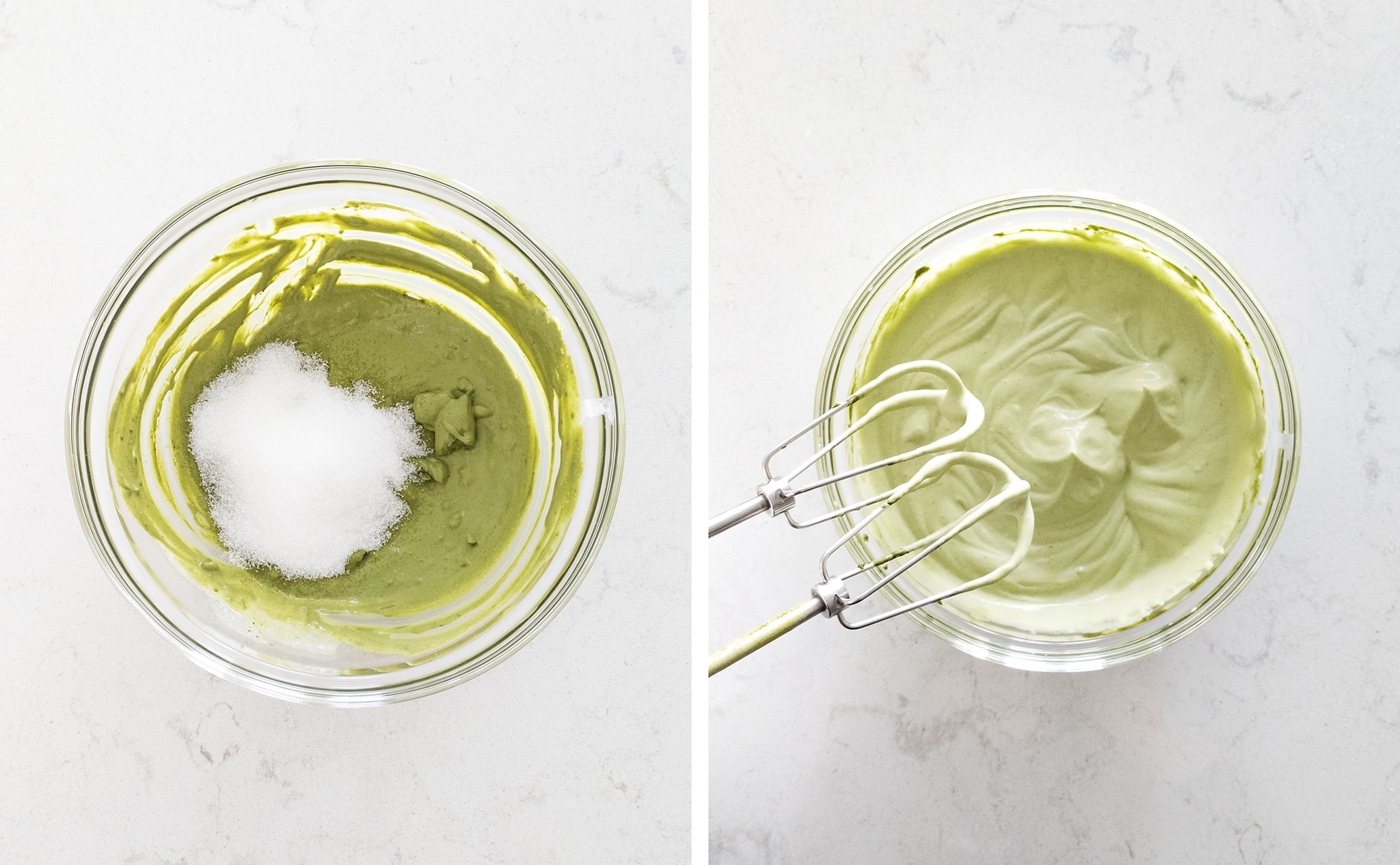 Whipping matcha cream with a hand mixer