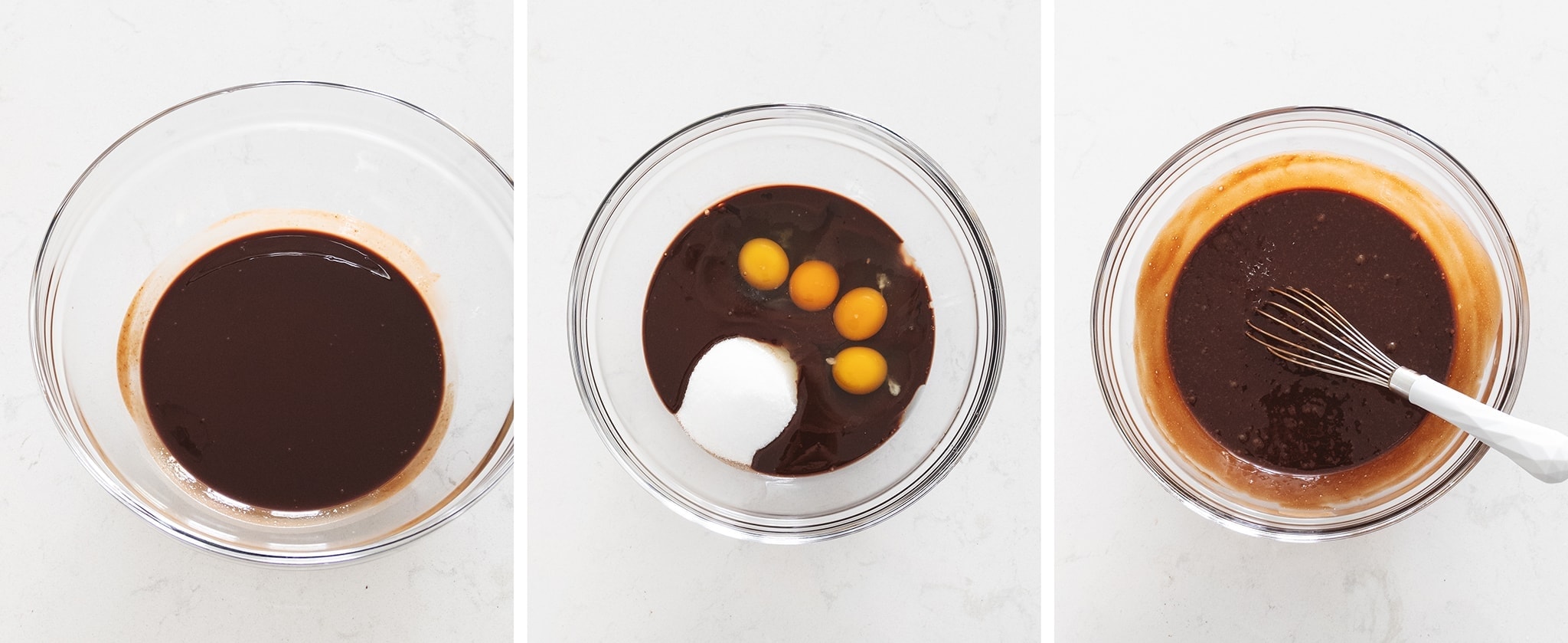Mixing chocolate, eggs, and sugar together