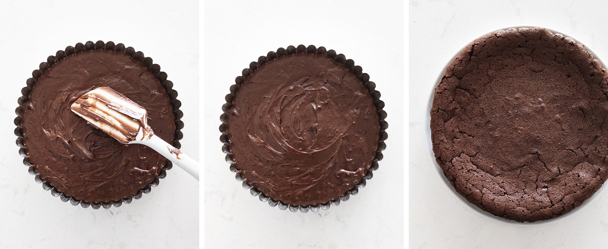 Flourless chocolate cake batter in a tart pan before and after baking
