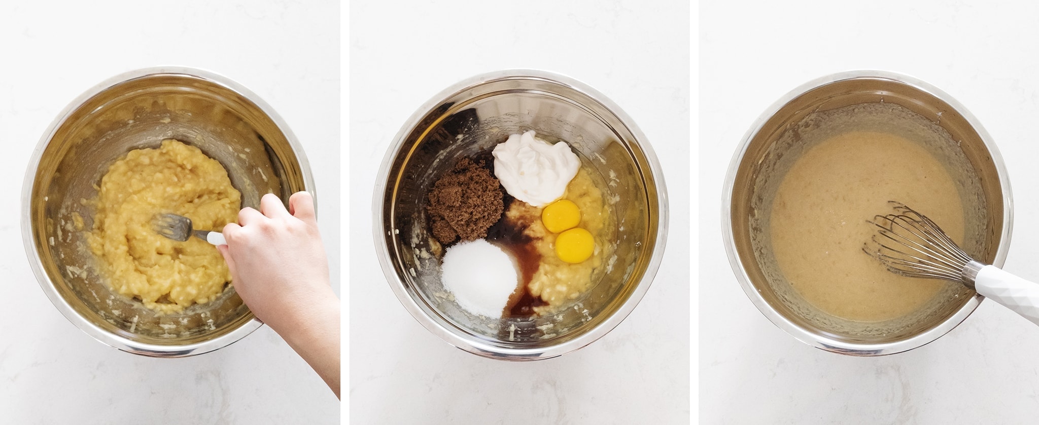 Mixing ingredients for banana bread in a bowl