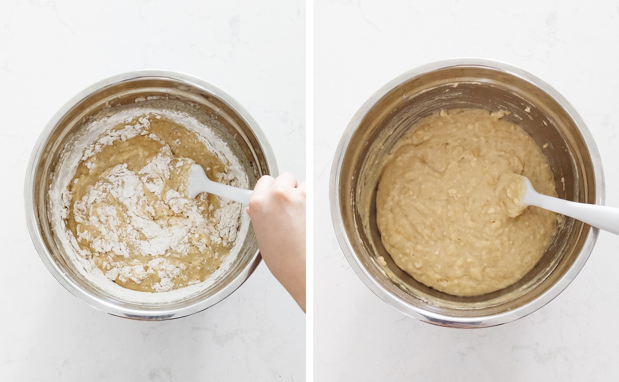 Mixing flour into batter with spatula