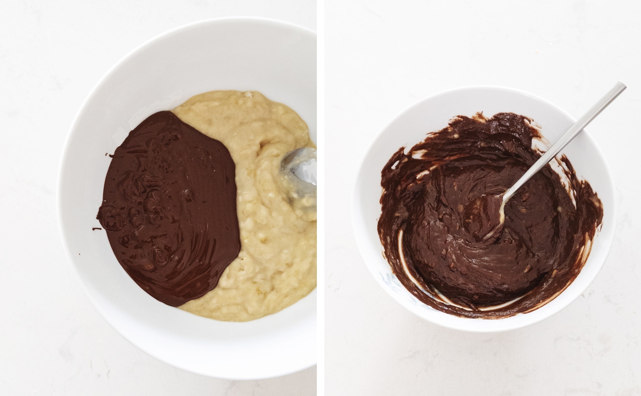 Mixing chocolate into banana bread batter