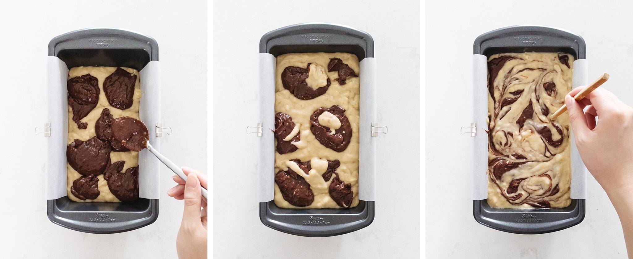 Swirling chocolate into banana bread batter with a chopstick