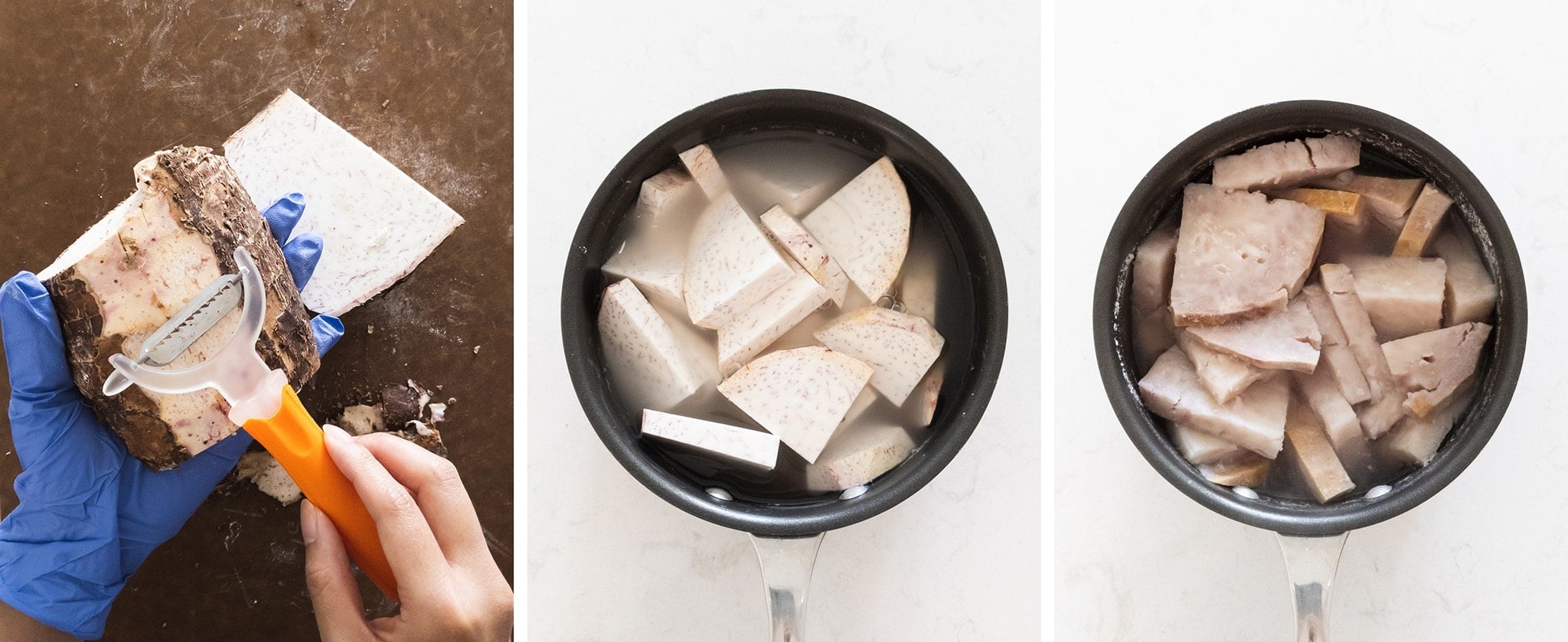 Slicing and cooking fresh taro