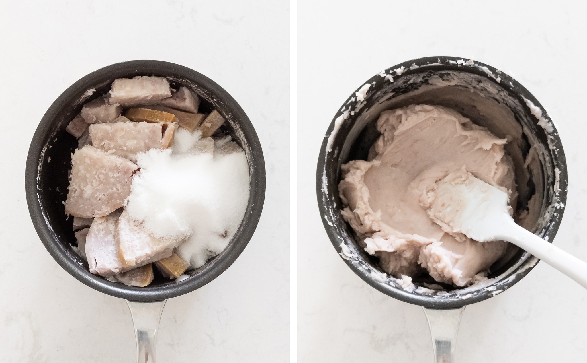 Mashing cooked taro into taro paste