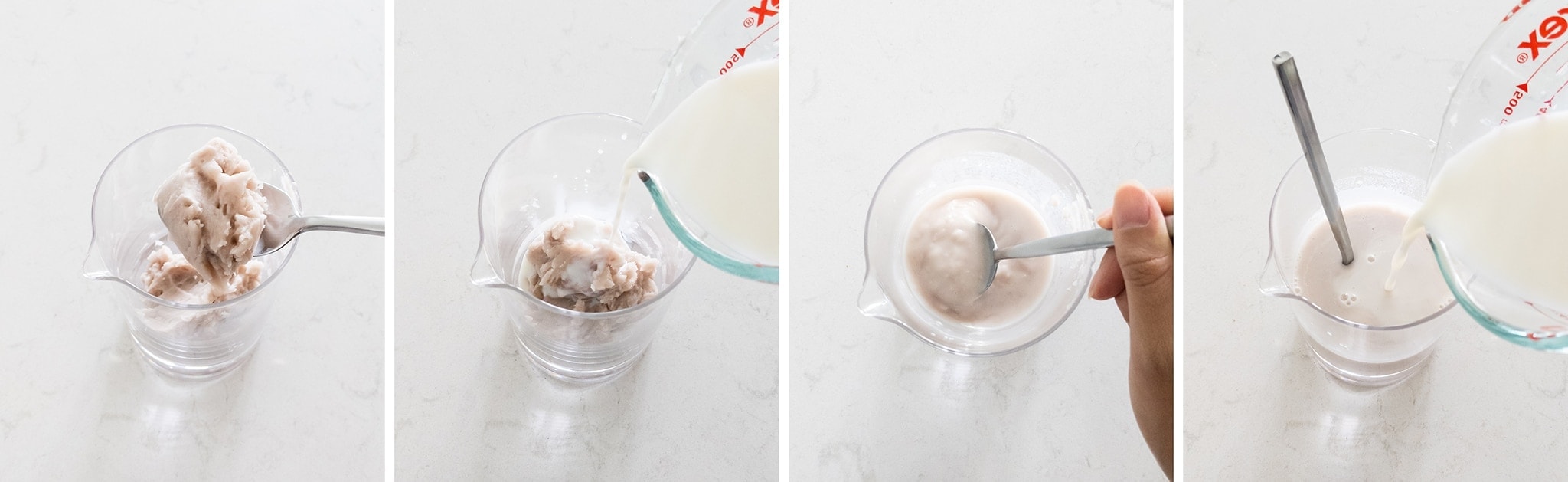 Mixing fresh taro paste with milk