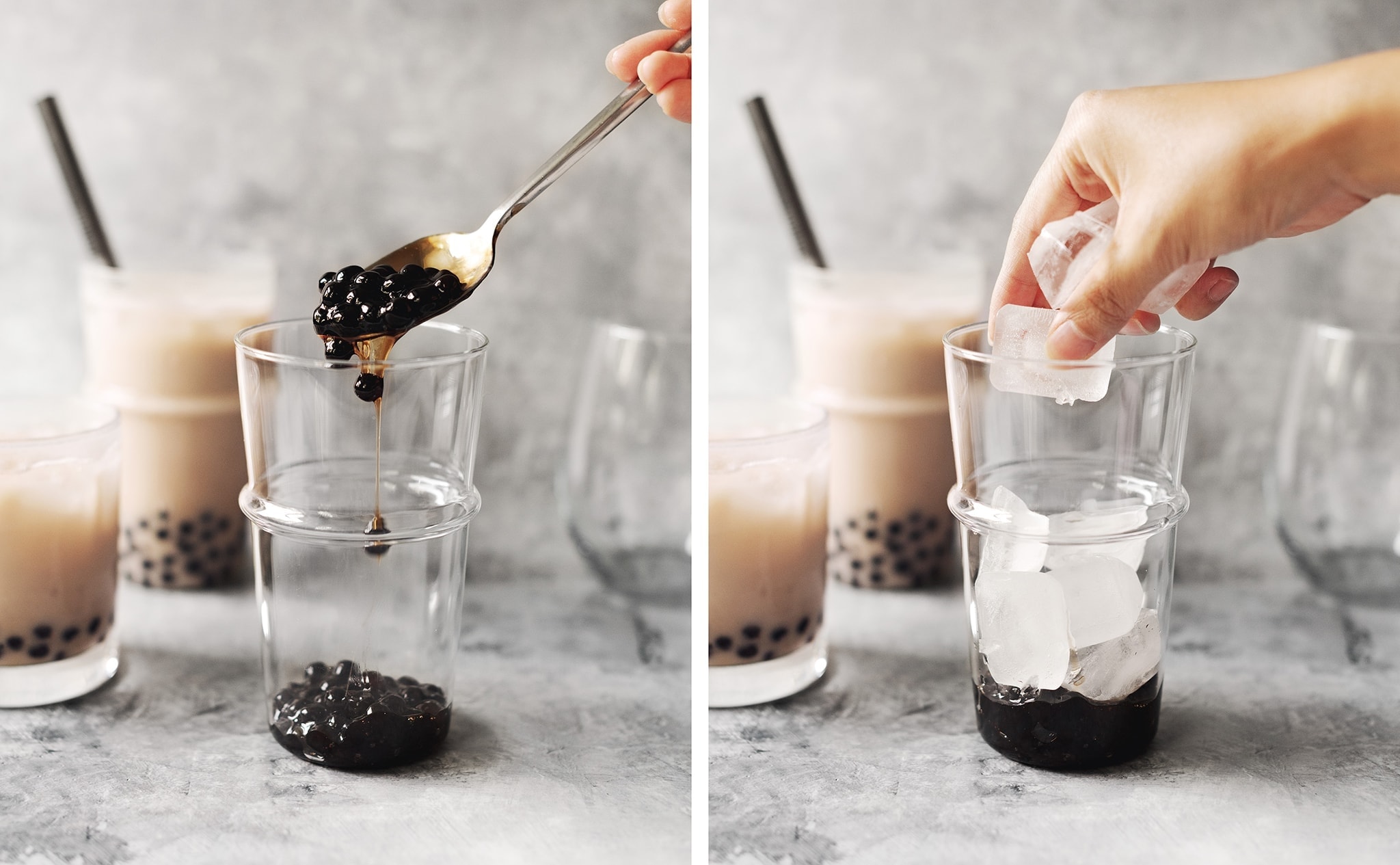 Adding boba pearls and ice to glass