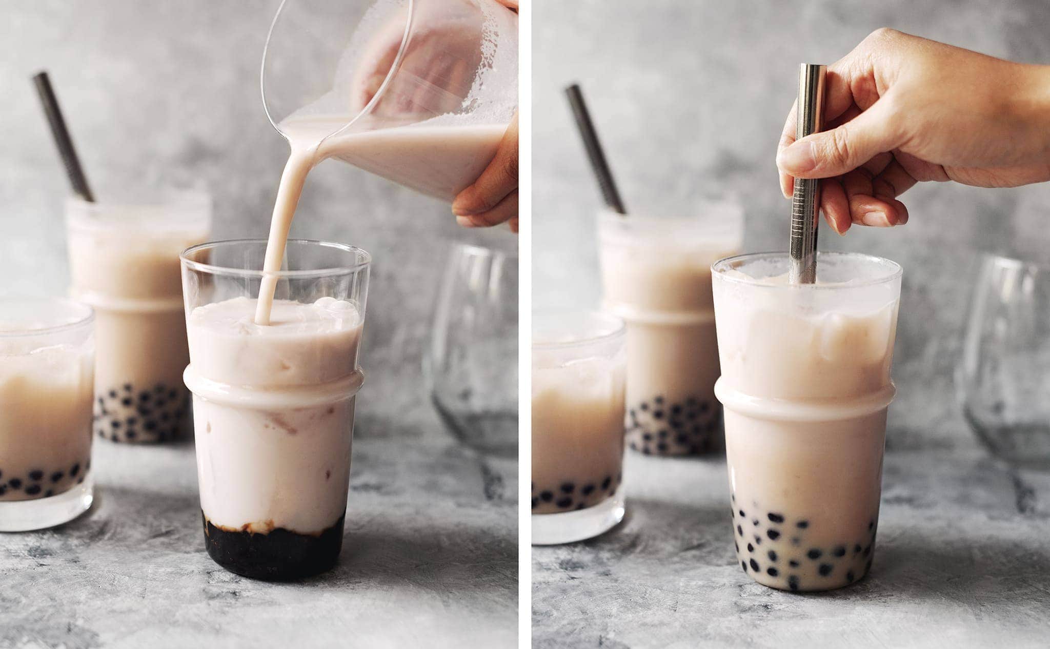 Adding taro milk to glass with tapioca pearls