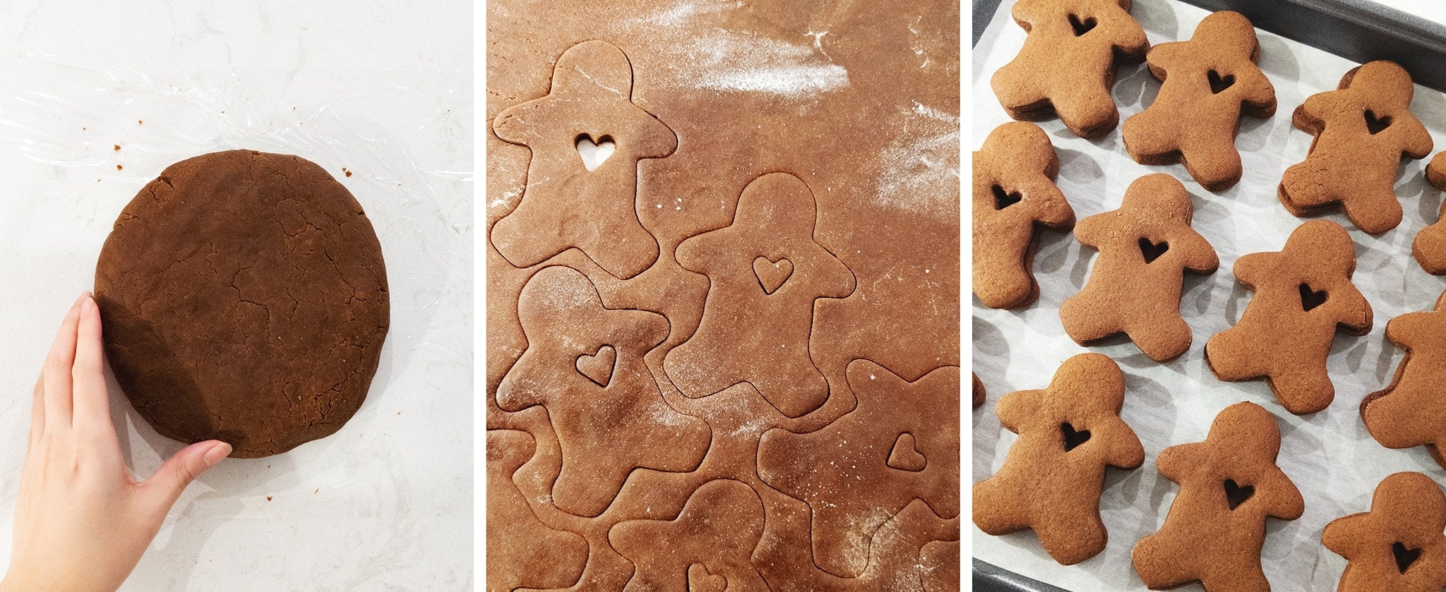 Rolling out gingerbread dough and cutting out cookies