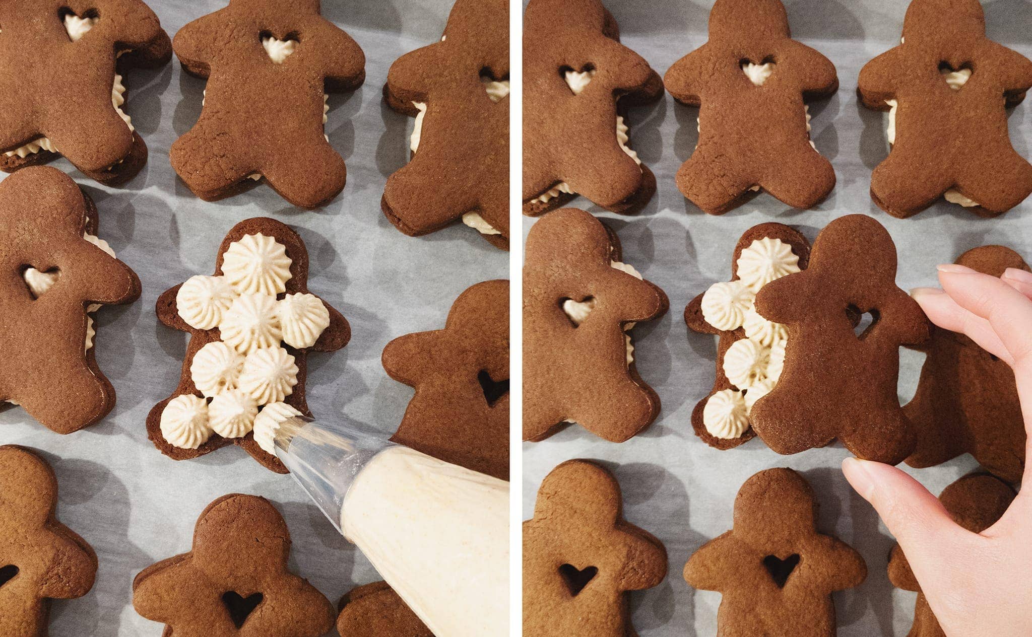 Piping ginger cream cheese buttercream onto gingerbread cookies