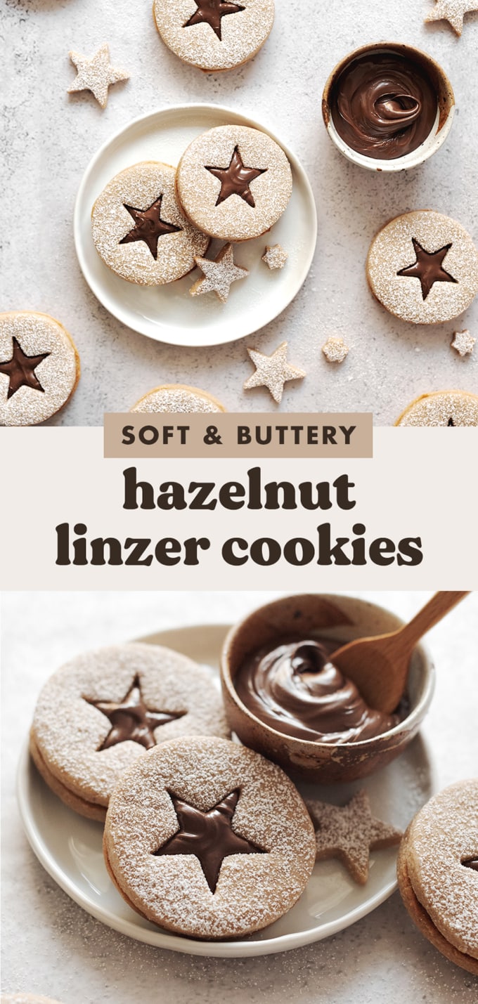 Two images of hazelnut linzer cookies with a text overlay that reads "soft and buttery hazelnut linzer cookies".