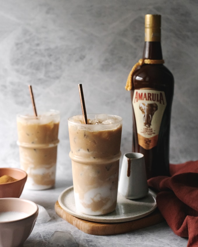 Iced coconut latte with Amarula bottle